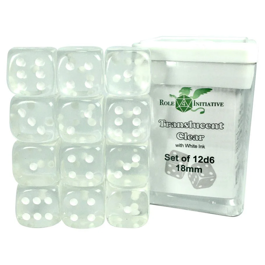 Roll 4 Initiative d6 Cube 18mm Translucent Clear with pips (12)