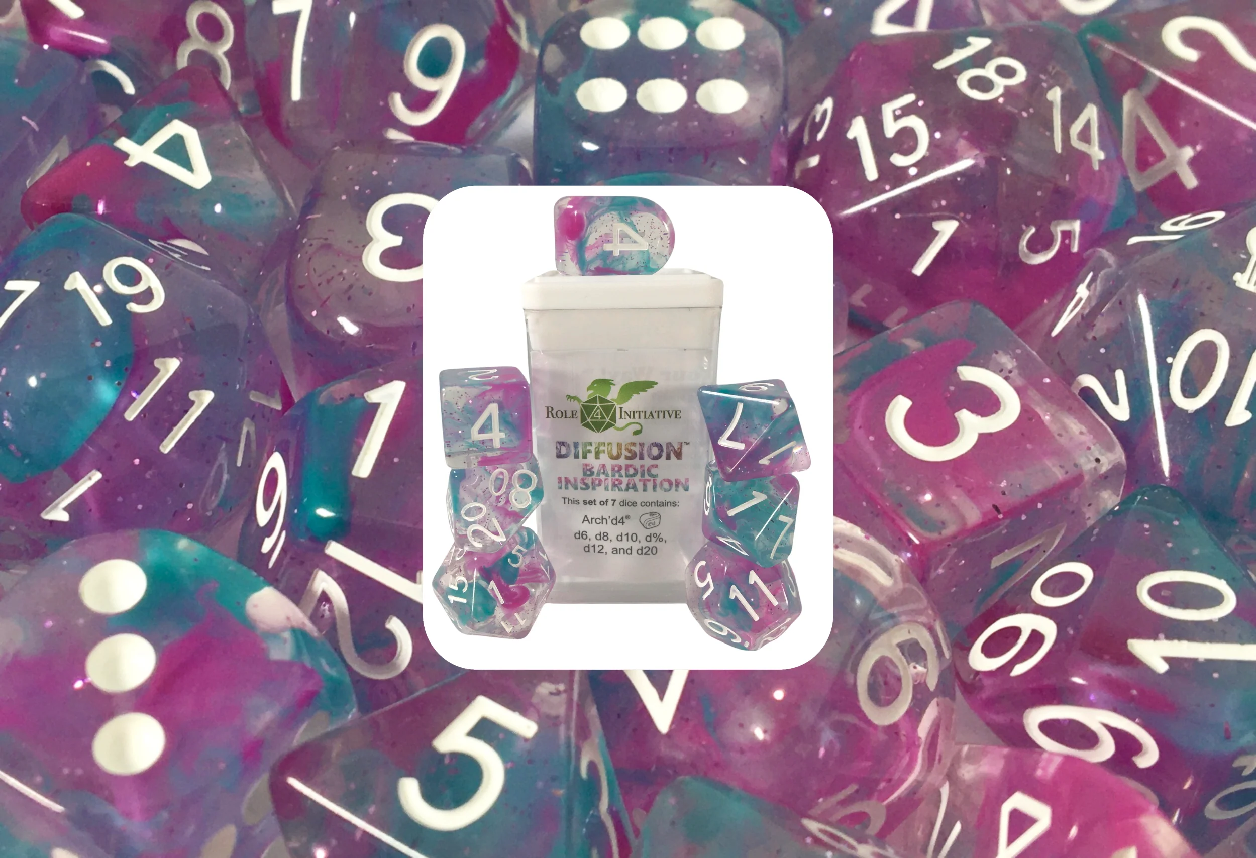 Role 4 Initiative Set of 7 Dice with Arch D4 Diffusion Bardic Inspiration