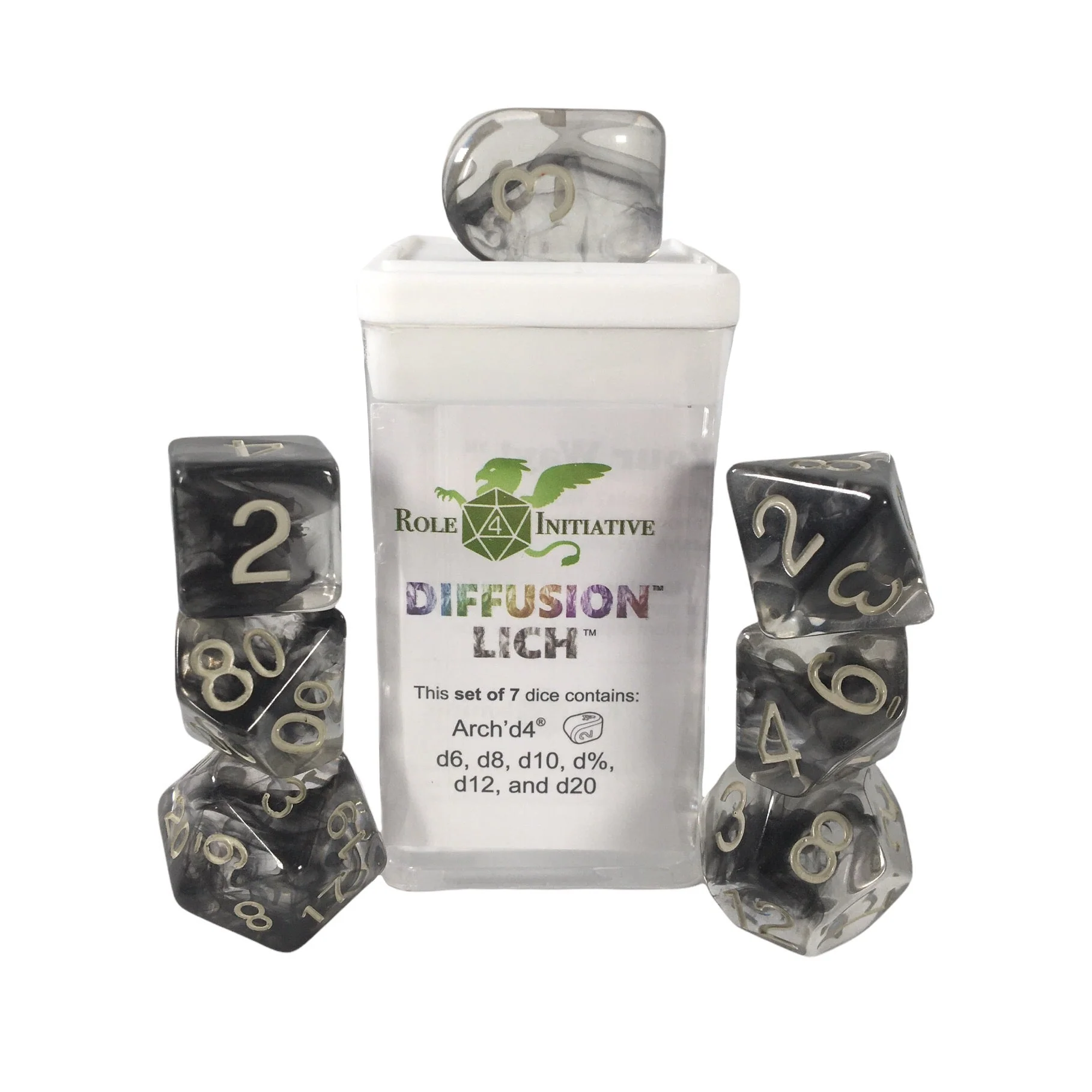 Role 4 Initiative Set of 7 Dice with Arch D4 Diffusion Lich