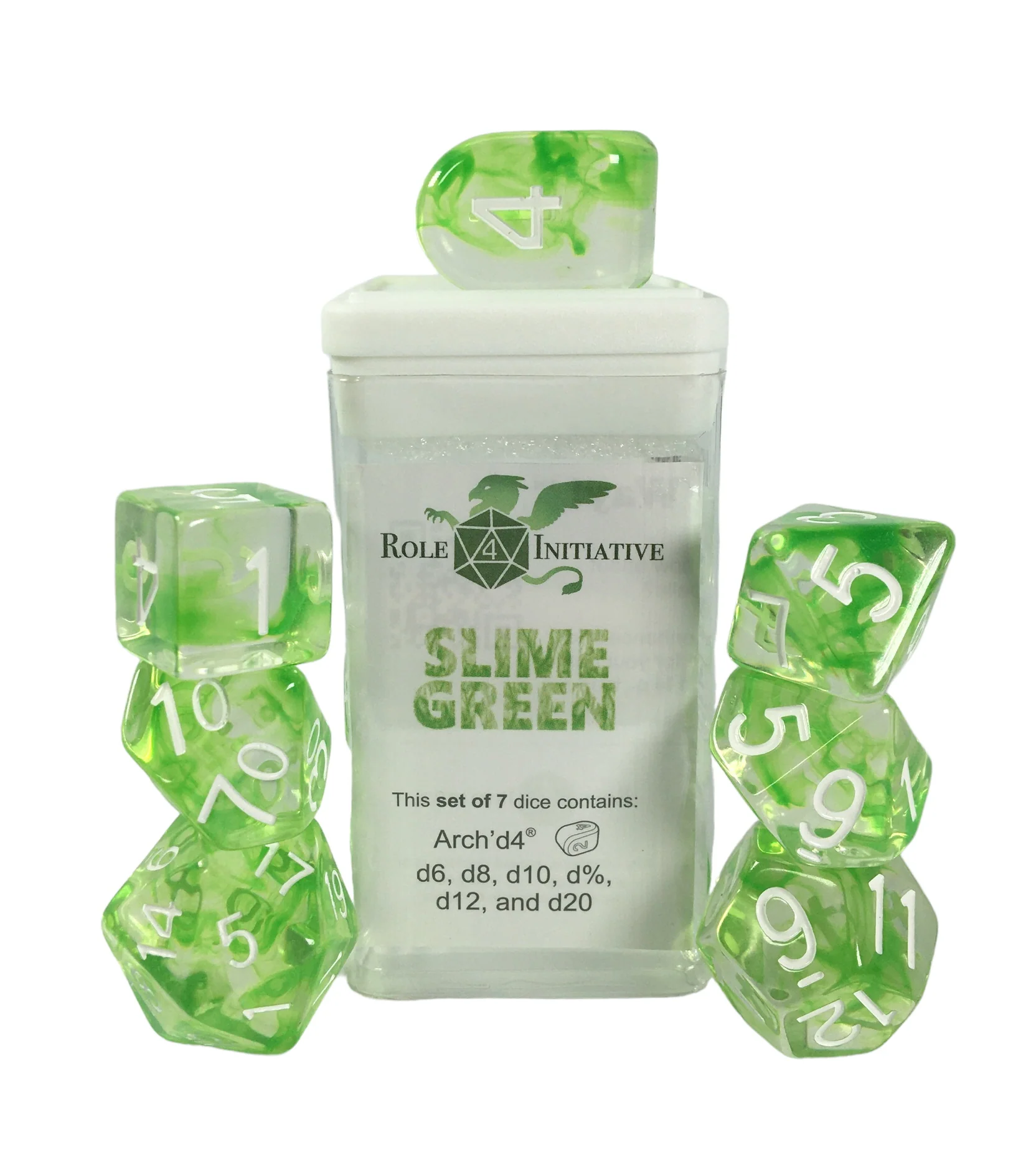 Role 4 Initiative Set of 7 Dice with Arch D4 Diffusion Slime Green